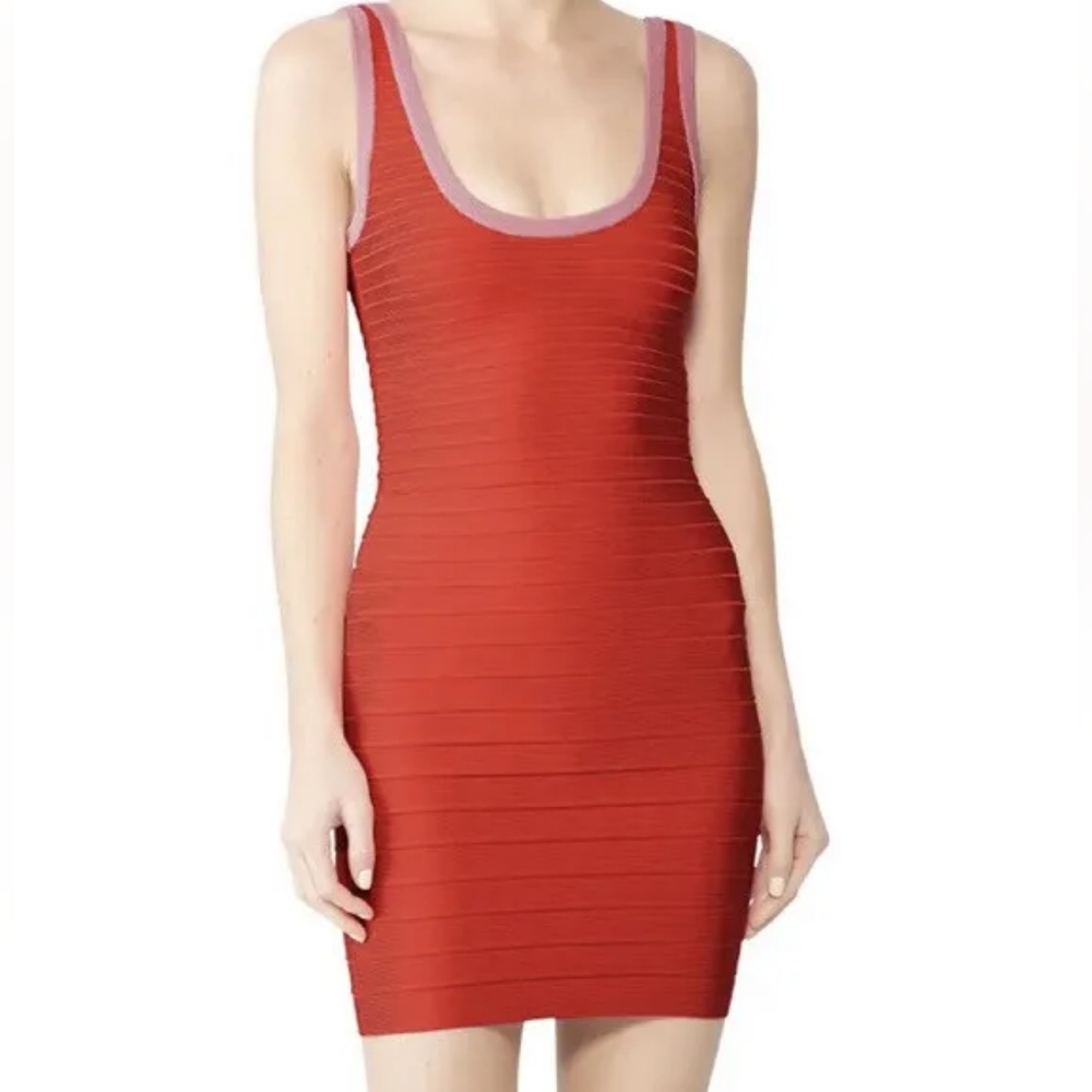 Herve Leger Red Bandage Mini Dress with Pink Trim (perfect for Valentine’s Day)